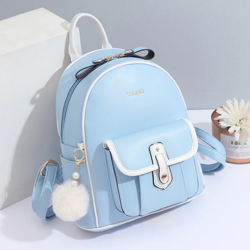 Stylish solid color texture women backpack, all matching lightweight backpack, simple small pompon pendant decoration