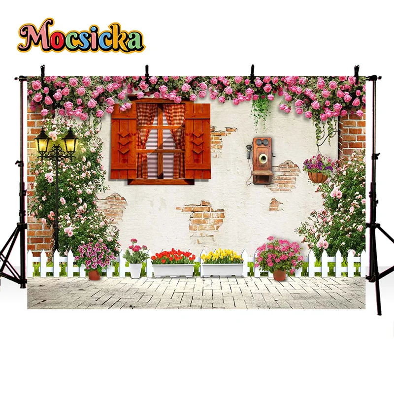 Mocsicka Spring Photography Backdrop Floral Broken Wall Background Happy Birthday Holiday Party Adult Kids Portrait Studio Props