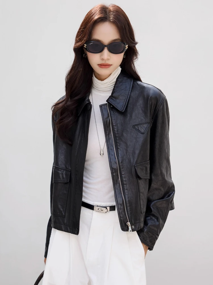 Chaqueta corta informal de cuero genuino para motocicleta para mujer primavera otoño 2025 nuevo abrigo de piel de oveja auténtica con cera de aceite suave Simple de gama alta