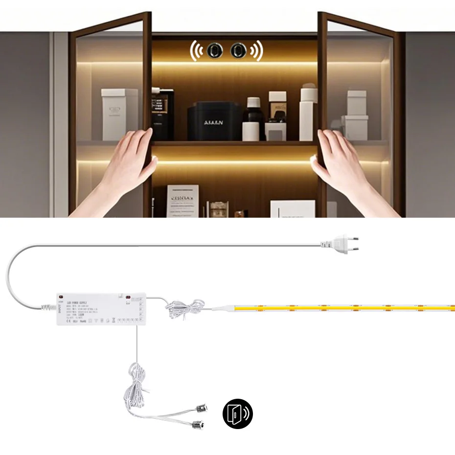 

24V COB LED Strip Lights with Dual Door Sensor EU AU UK US plug Cabinet Light Tape Door Proximity Induction Switch Showcase Lamp