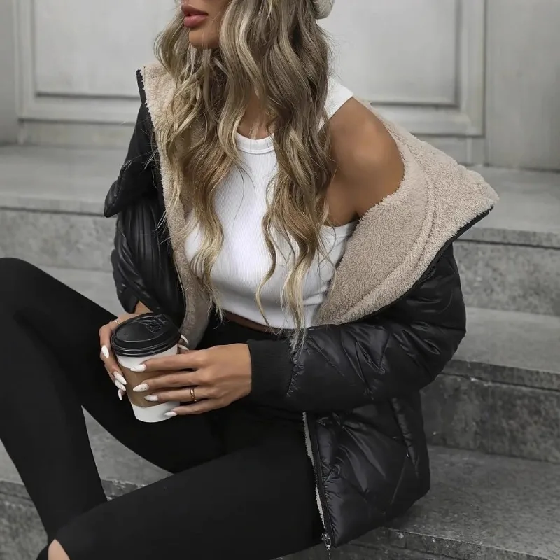 Women Hooded Parkas Black Diamond Pattern Fleece Lining Casual Zipper Jacket Parkas Thickened Waterproof High Street Jacket Coat