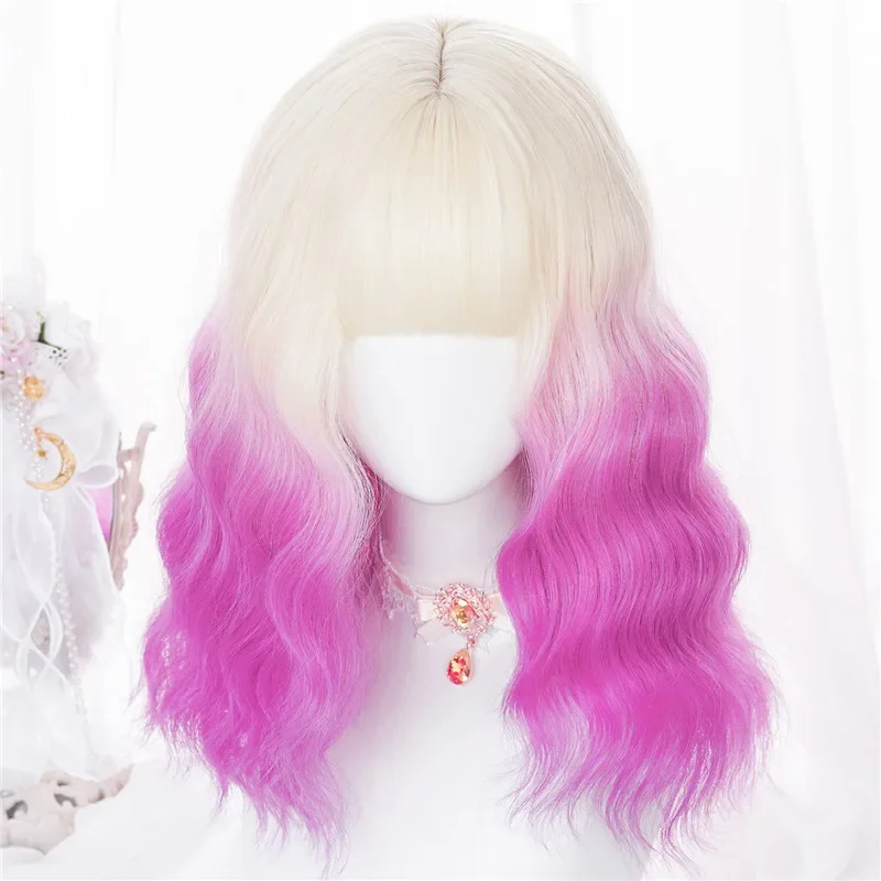 VICWIG Parrucca cosplay riccia di media lunghezza per capelli sintetici stile Lolita Beige sfumato rosa/verde con frangia per donna