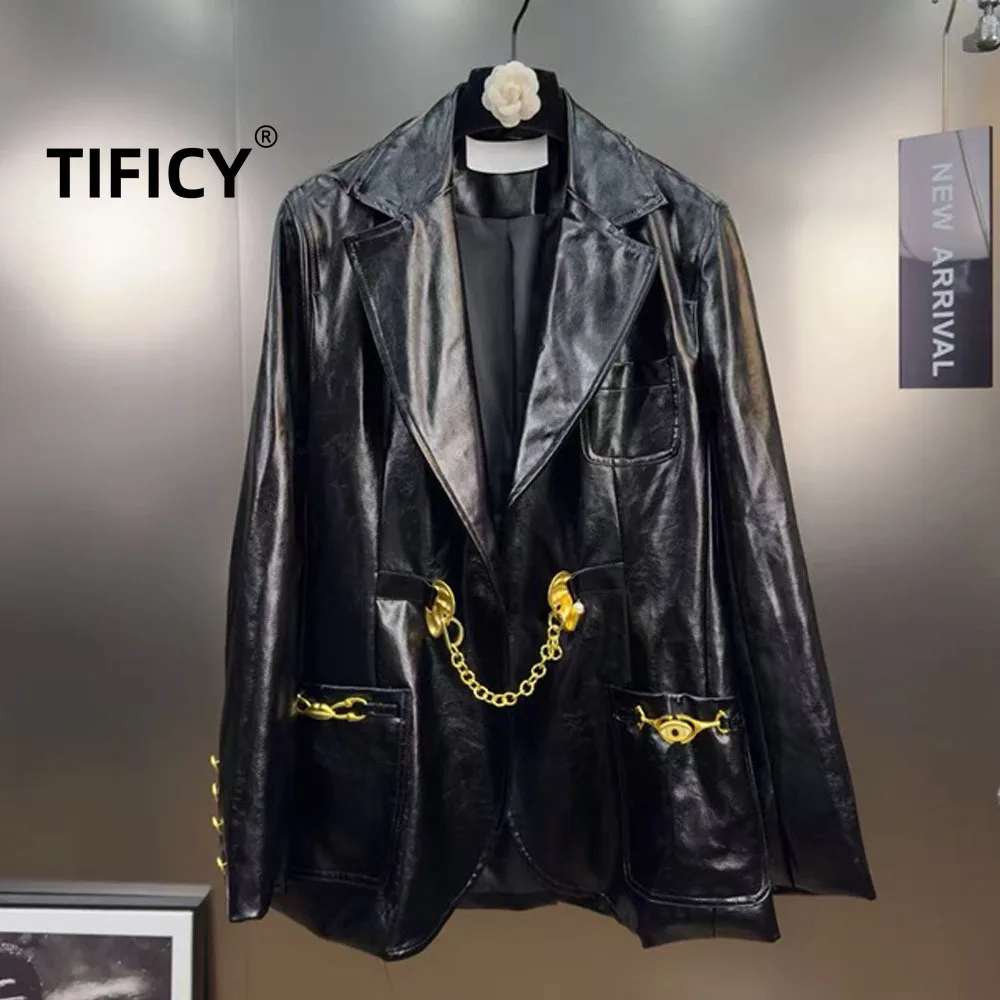 

High Street Blazers Coats Women's Autumn Cuffed Collar Long Sleeved Metal Zipper Buckle Loose Minimalist PU Leather Jacket