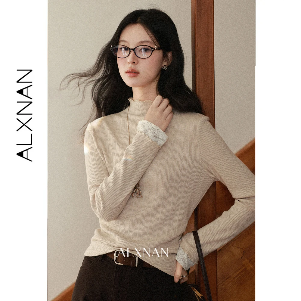 ALXNAN Oat Fake Two-piece Lace Spliced T-shirt Women Autumn New Mock Neck Long Sleeve Pullover 2026 Fashion Ladies Top L68606