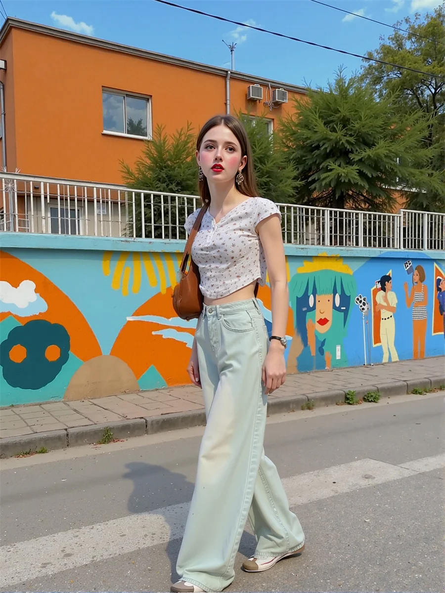 

Floor Wide Leg Distressed Jeans Womens Trumpet Bootcut Stretch Office Daily Versatile Slim Fit Patchwork Splicing Pleated Flare