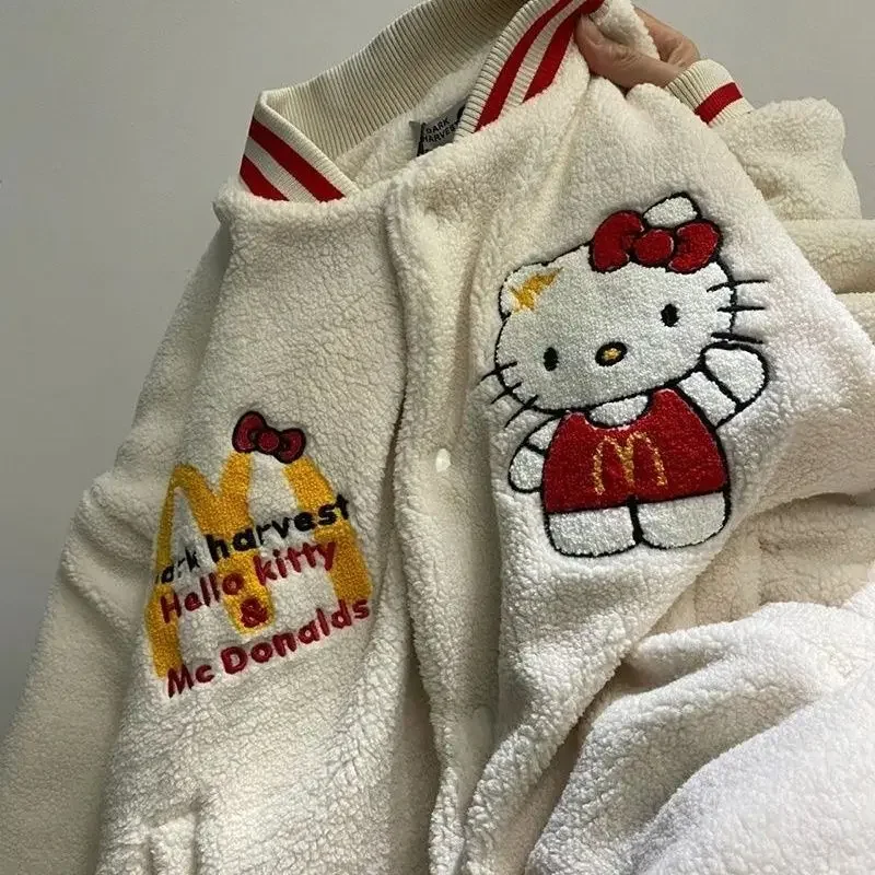 

Japan Hello Kitty embroidered baseball jacket cotton-padded student sweet autumn winter piled thickened lamb wool jacket women