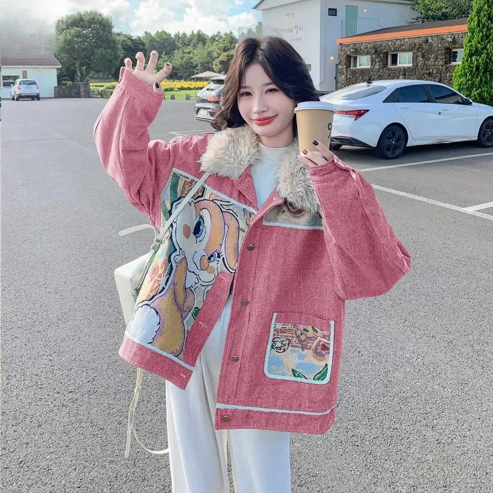 Veste en jean doublée de fourrure de lapin coréenne bleue, nouvelle collection automne-hiver 2026, dessin animé, anti-âge, épaisse, en polaire