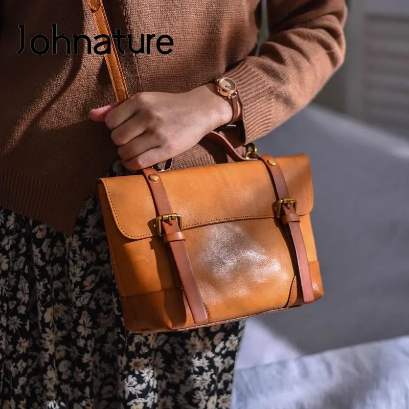 Johnature Retro Handmade Genuine Leather Women Bag 2025 New College Style Contrast Color Real Cowhide Shoulder & Crossbody Bags