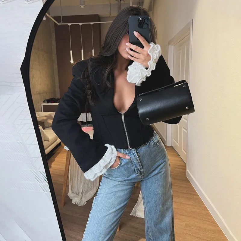 Tornova Sexy Deep V neck Jacket Zipper Coat Women's Contrast Fashion Slim Outwear Long Sleeve Splice High Street Female Jacket