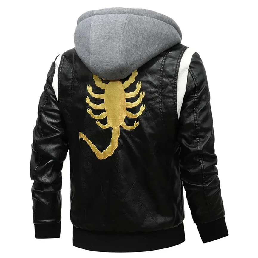 TPJB New Spring Leather Men's Jacket Removable Hoodied Scorpion Embroidery Motorcycle Jacket Men Slim Fit Leather Mens Jackets