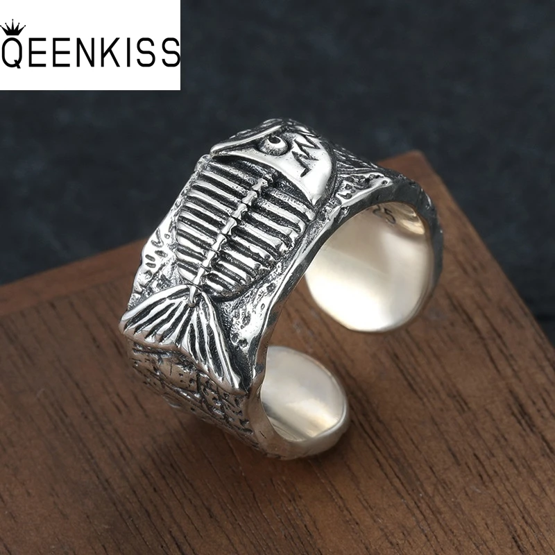 

QEENKISS 925 Sterling Silver Vintage Fish Bone Ring for Men Fine Jewelry Birthday Wedding Party Boyfriend Father Gifts RG6998