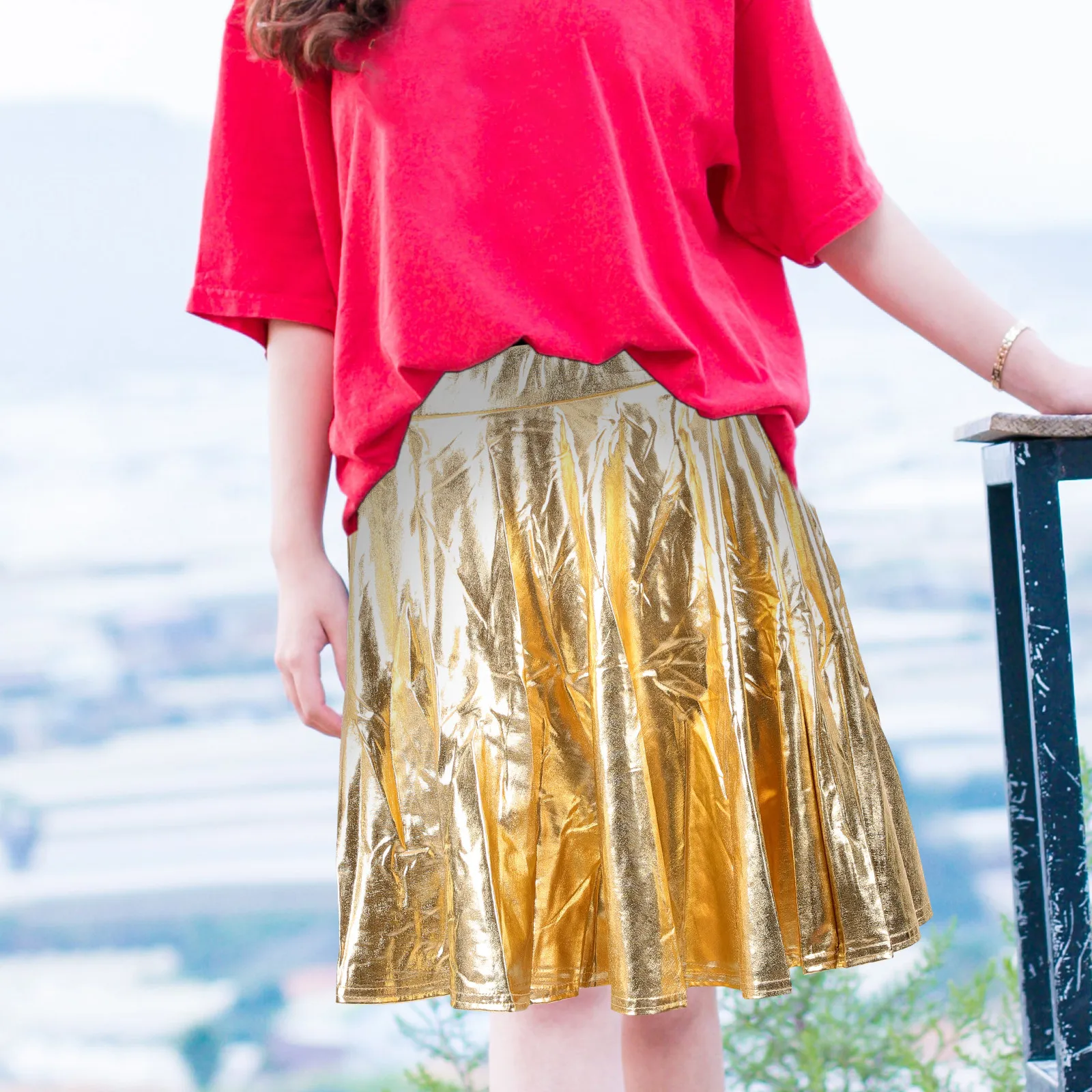 Gold Pleated Flared Skirt Women Shiny Glossy Metallic A-Line Skirt for Dancing Skating Cheerleading Performance Party Wear
