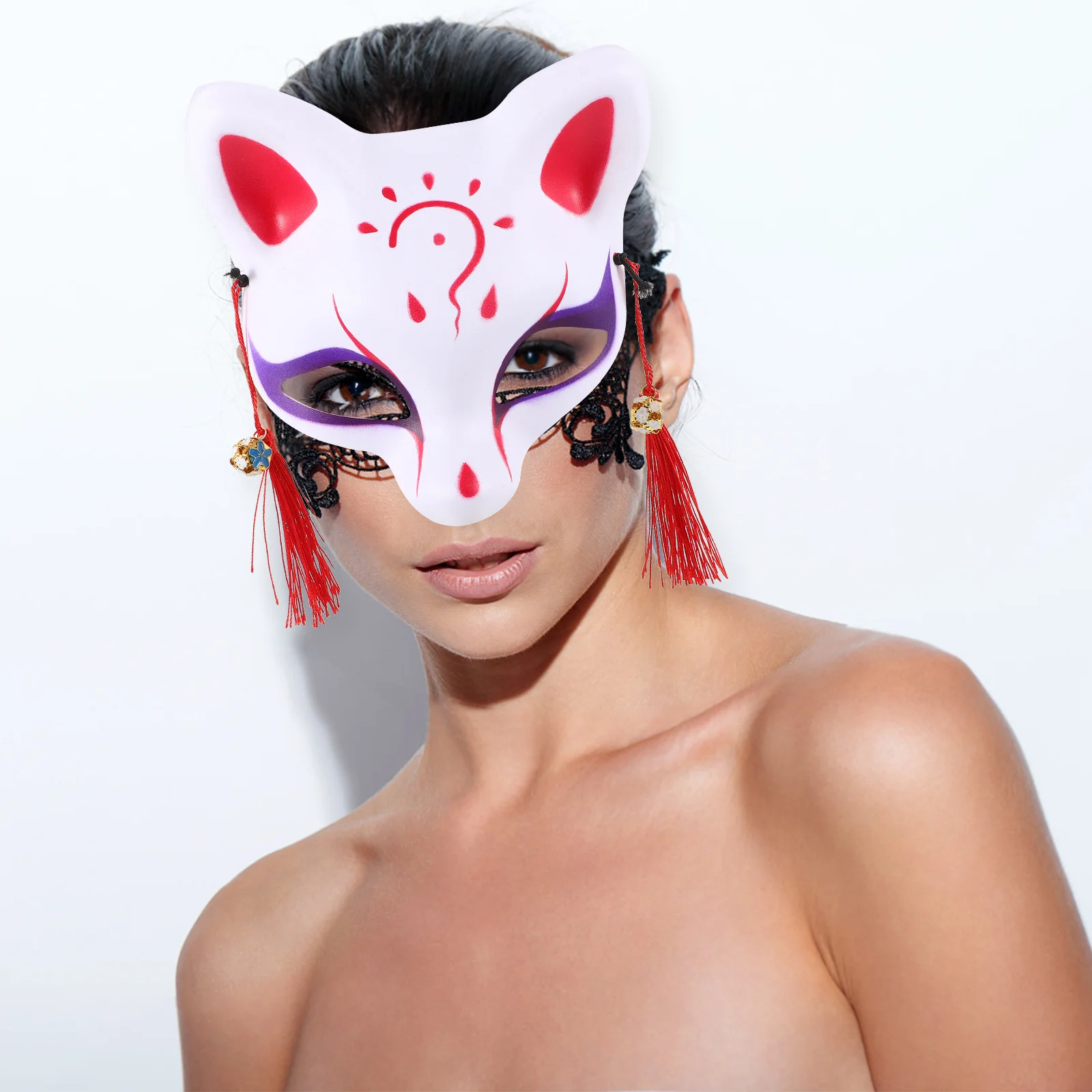 Máscara de gato elegante y de viento, diseño de media cara, atractivo accesorio para fiesta de disfraces, adecuado para adultos y niños, 3 campanas aleatorias