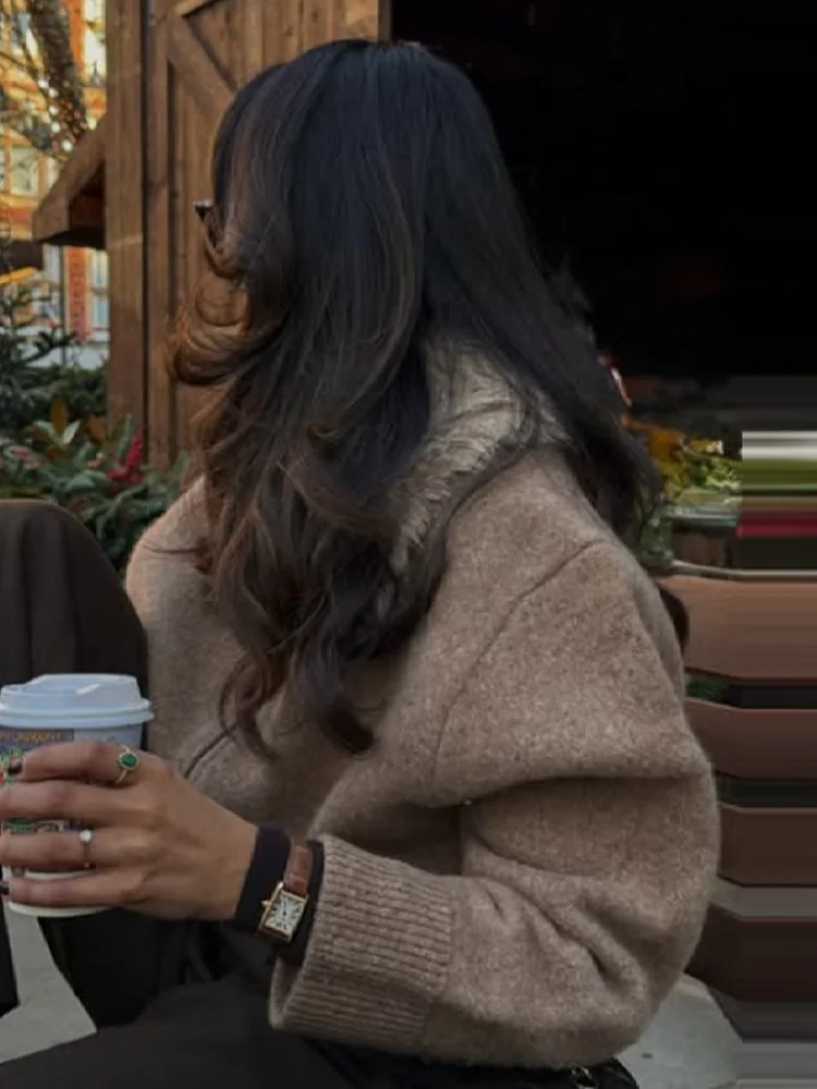 

Women Casual Faux Fur Collar Splicing Knitted Coat Khaki Long Sleeve Lapel Warm Winter Short Jacket New Lady High Street Outwear