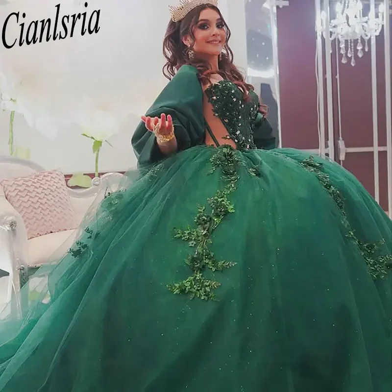 Emerald Green Illusion Sweetheart Quinceanera Dresses Ball Gown Appliques Lace Sweet 16 Dresses 15 Años Mexican Customized