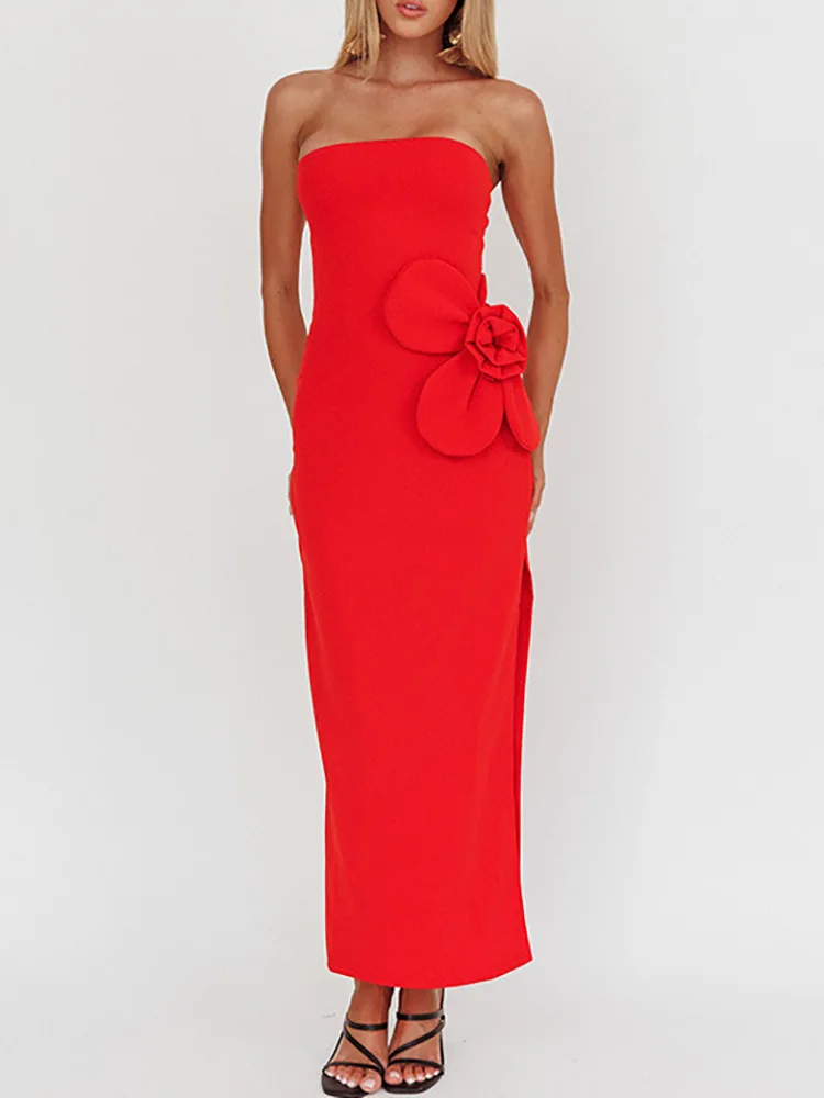 Sexy tubo superior split vestido de festa elegante puro oco para fora sem mangas vestido de banquete 2025 nova senhora estereoscópica floral vestido de noite