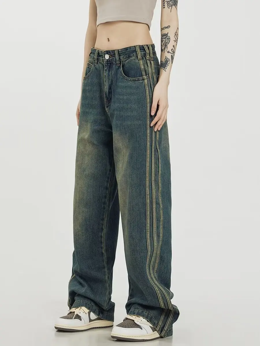 Jean Bleu Vintage à Jambes Larges pour Femme, Taille Haute, Style Streetwear, Baggy Y2K, Mode Coréenne