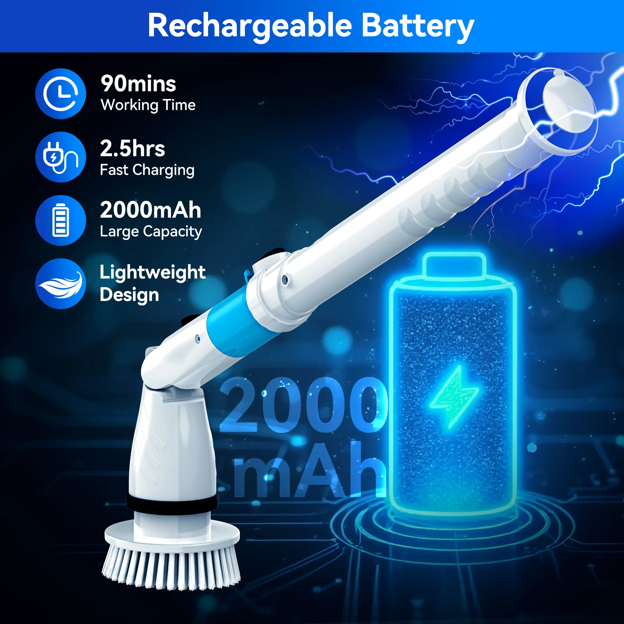 電動スピンスクラバー ハンドヘルド コードレス クリーニングブラシ 交換用ブラシ5本付き 延長ハンドル 450RPM 浴室 キッチン用