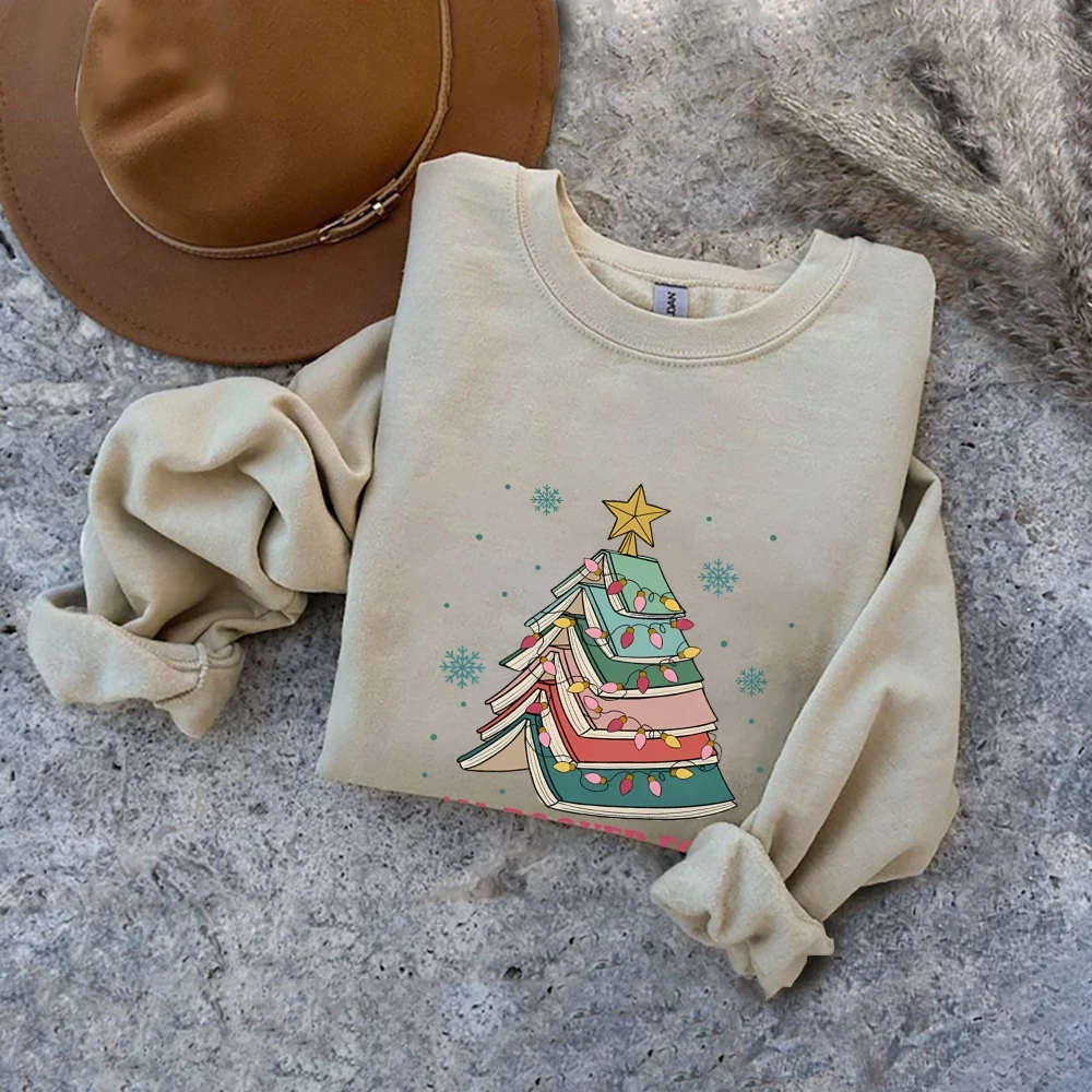 Merry Christmas Women Sweatshirt All booked for Christmas Graphic Printed Pullover Holiday Season Funny Xmas Crewneck Sweater