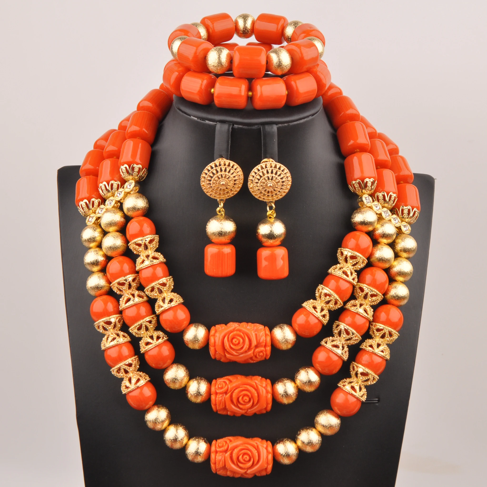 

Orange Artificial Coral Beaded Necklace, Nigerian Bride Wedding Jewelry Set