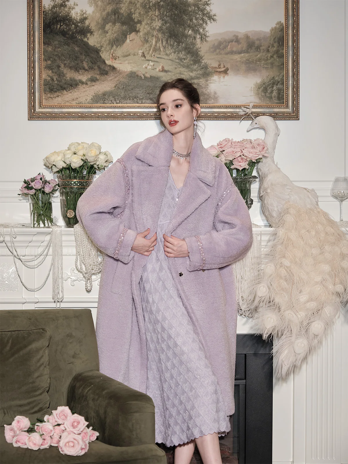 

Romantic Purple Crystal Handmade Beaded Oversized Micro Particle Jaet Lazy Sle Women's Woolen Coat Loose Fit Regular Thic...