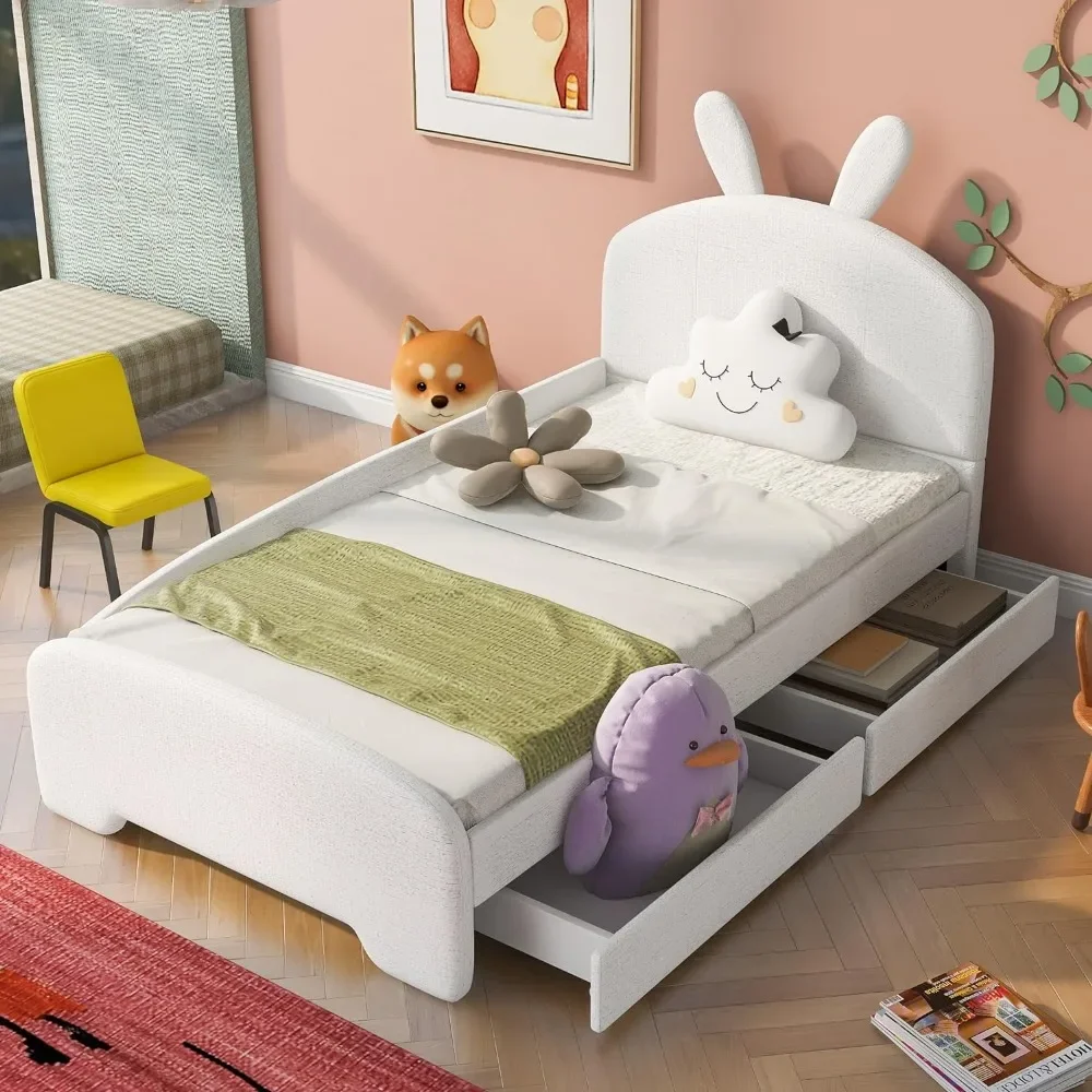 

Bed frame with cartoon ear shaped headboard, soft padded wooden frame,storage drawers and guardrails,dual bed platform bed frame