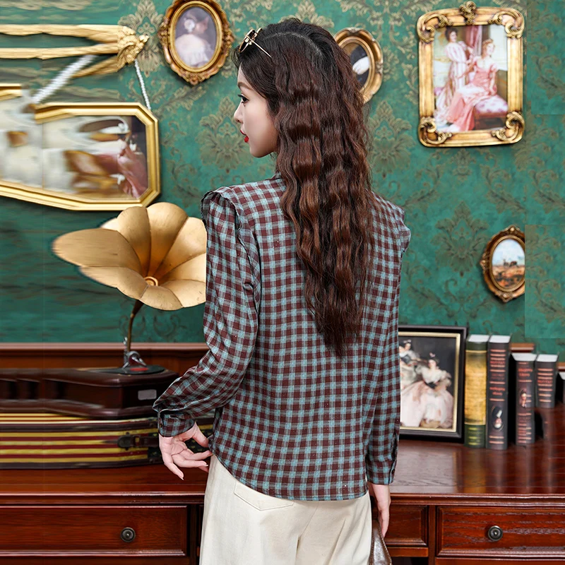 Vintage damesblouses Casual geruit overhemd Mode losse lente/zomer Koreaanse kleding Damestops met lange mouwen