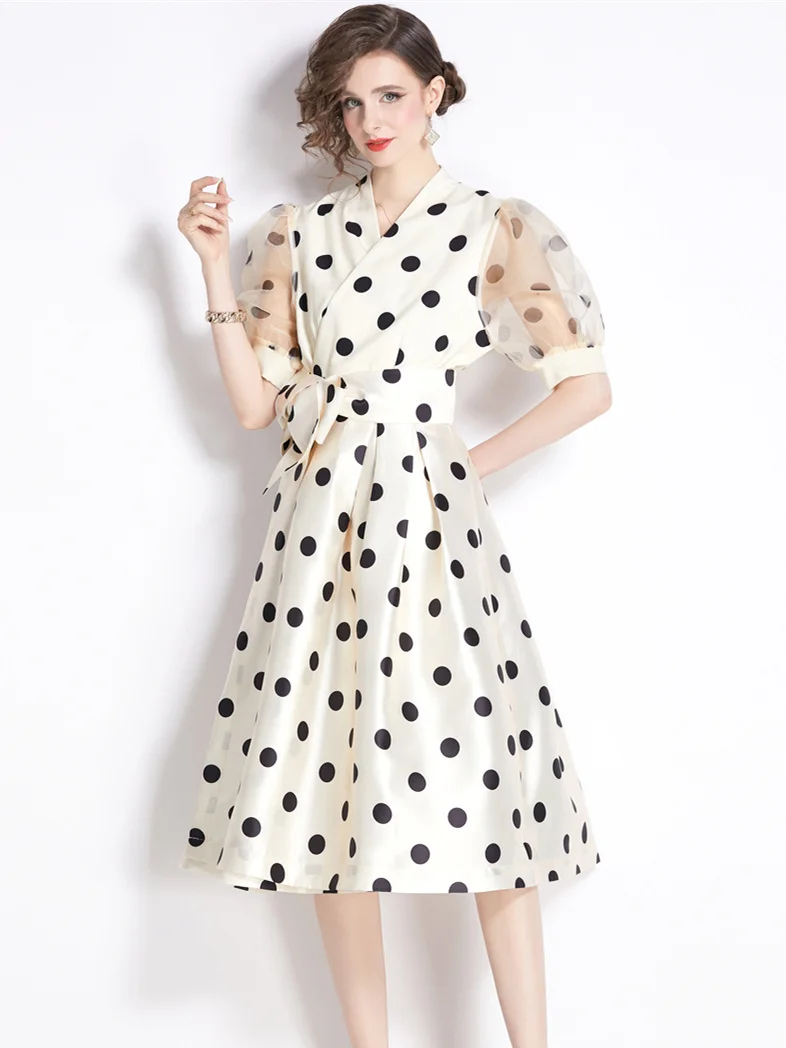 Elegant Dot Print Party Prom Dresses Women Chic Organza Puff Sleeve Bowknot Lace-up Summer Dress Big Hem Robes Female