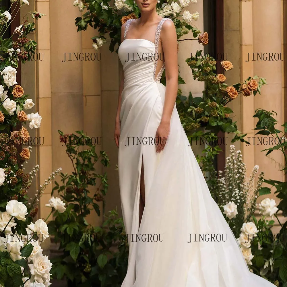 Customized Elegan Mermaid Wedding Dresses Pearls Shoulder Strap Side Slit Detachable With Train Brides Dress Vestidos De Novia
