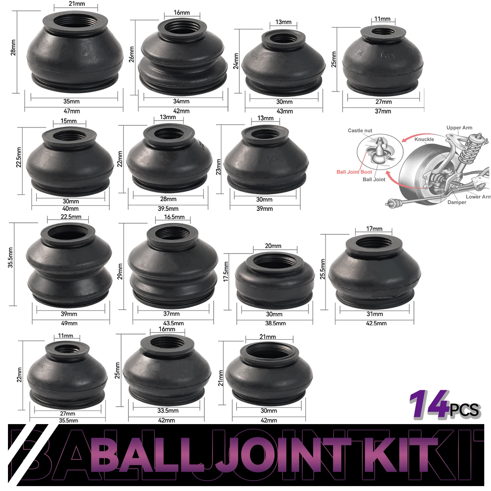 14x Universal Multipack Rubber Ball Joint Boot Dust Covers Caps Tie Rods Linkages Ends Replacement Kit Protector Car Accessories