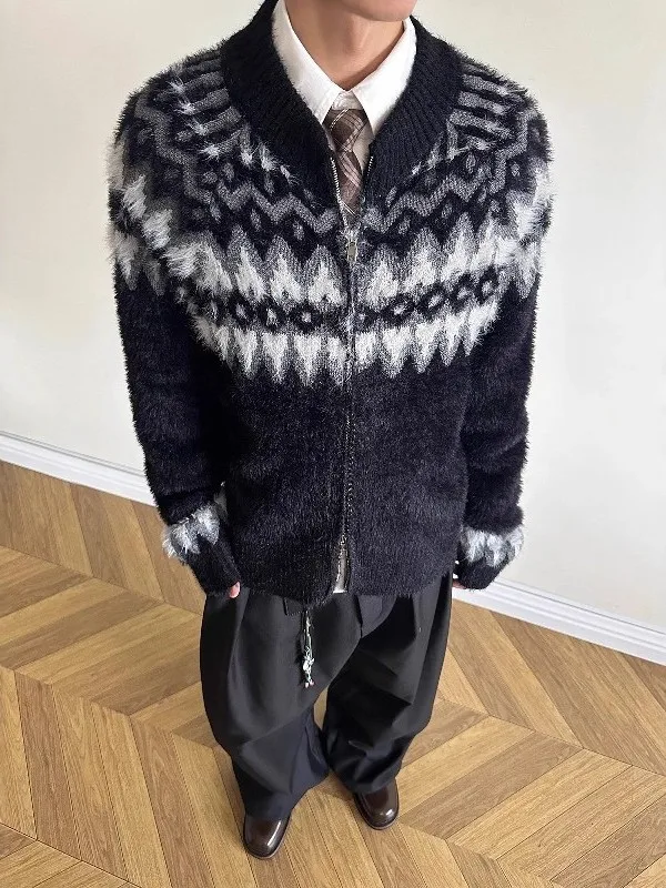 

Американский ретро-кардиган из меха норки с узором Fair Isle, унисекс, осенне-зимний, высококачественный вязаный свитер-кардиган для мужчин и женщин
