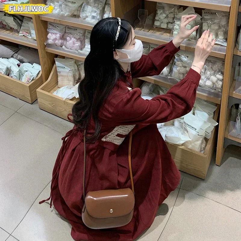 Año nuevo arte Mori niñas vestido largo Otoño Invierno Retro Vintage estilo japonés lindo dulce Y2K falso diseño de dos piezas vestido de pana