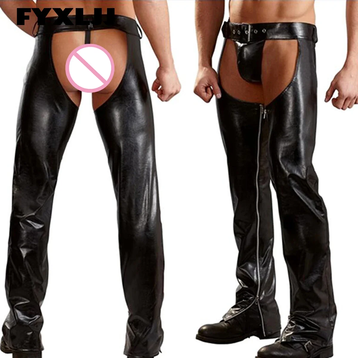 

Men Open Butt Crotchless Wet Look Faux Leather Skinny Trousers Erotic Gay Nightclub Stage Costume Sexy Long Pants with G-Strings