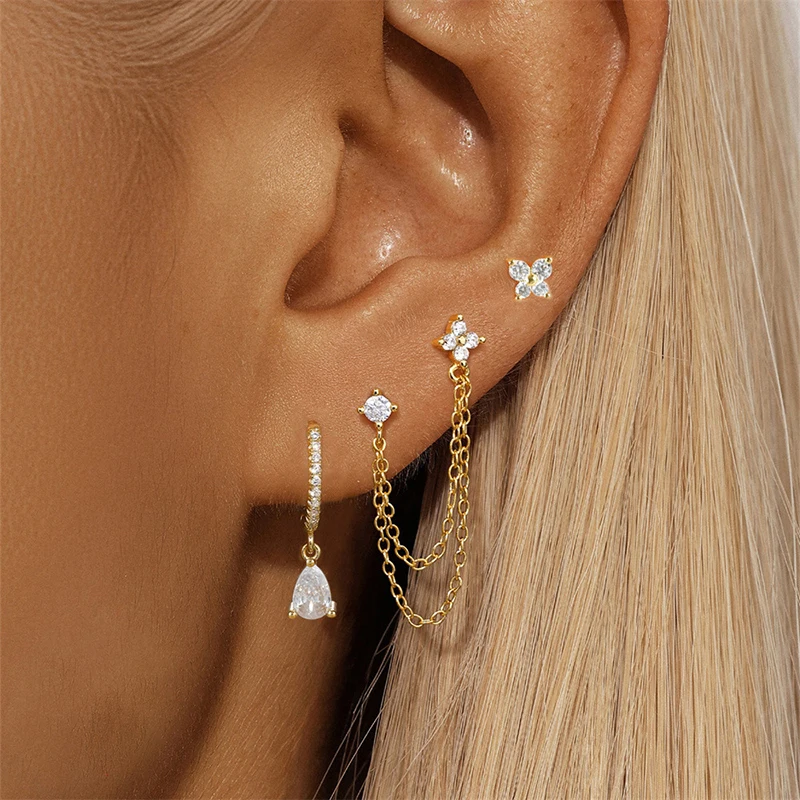 

Exquisite Zirconia Double Studs Tassel Chains Hanging Dangle Earrings for Women Gold Plated Piercing Stud Earrings Set Jewelry