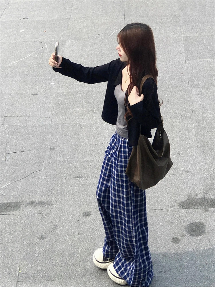 Autumn Plaid Wide Leg Pants Trousers Baggy Streetwear 90s Aesthetic Harajuku 2000s Y2k Pants Elegant Vintage Trousers 2024