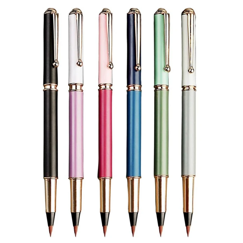 6Pcs Morandi Calligraphy Pens Soft Nib Metal Rod Pen For Writing Beginners Chinese Brush Pens