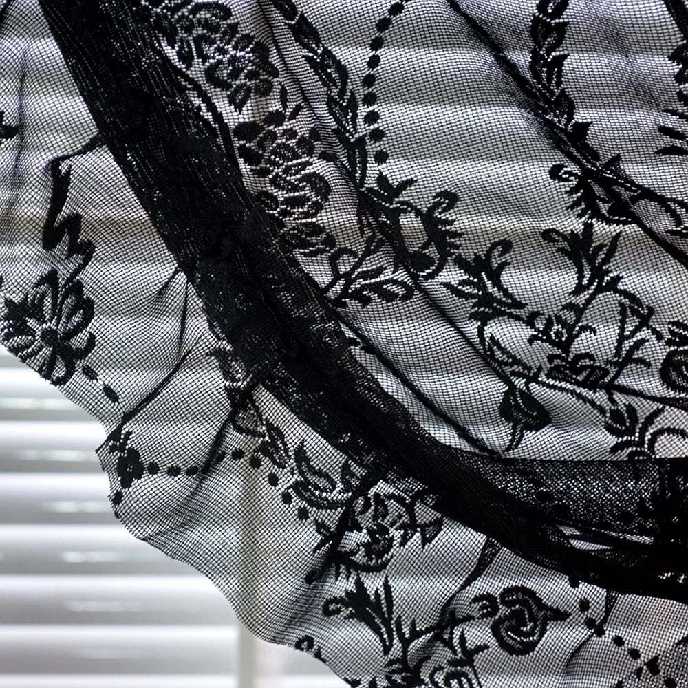 Black Floral Tulle Ruffle Lace Vintage Voile Sheer Curtains for Bedroom Romantic Flower Light Filtering Window Drapes Custom