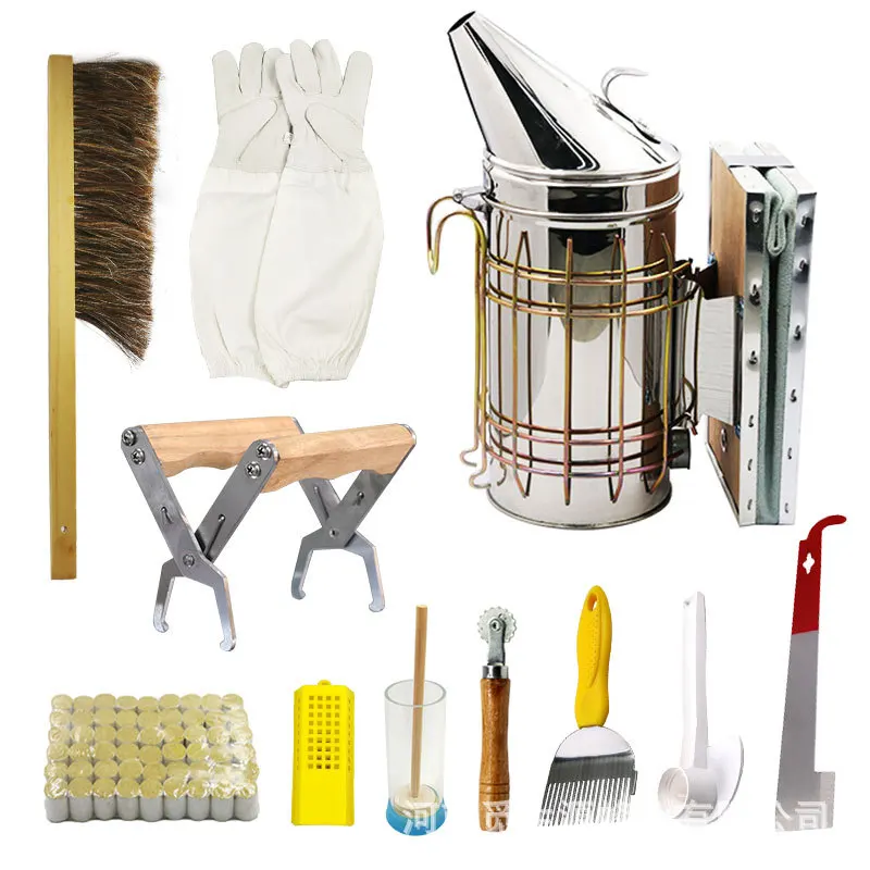 11Pcs/set  beekeeping tools, smoker, sheepskin gloves, frame clip, bee sweep, J-shaped scraper, individually packaged