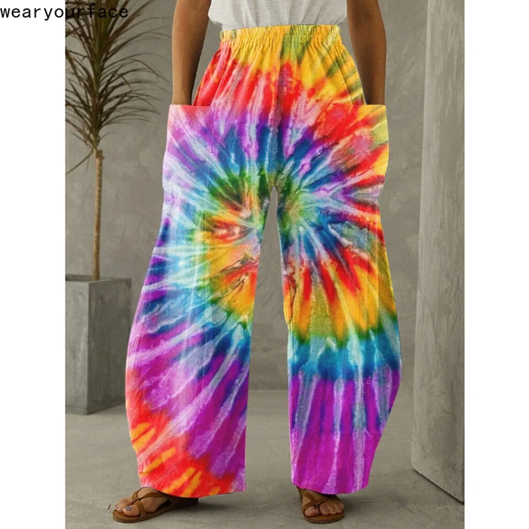 

Colors Tie-dye Effect Full Length Wide Leg Pants All Over Print Thin Hipster Fashion Summer Streetwear Sweatpants Women Clothing