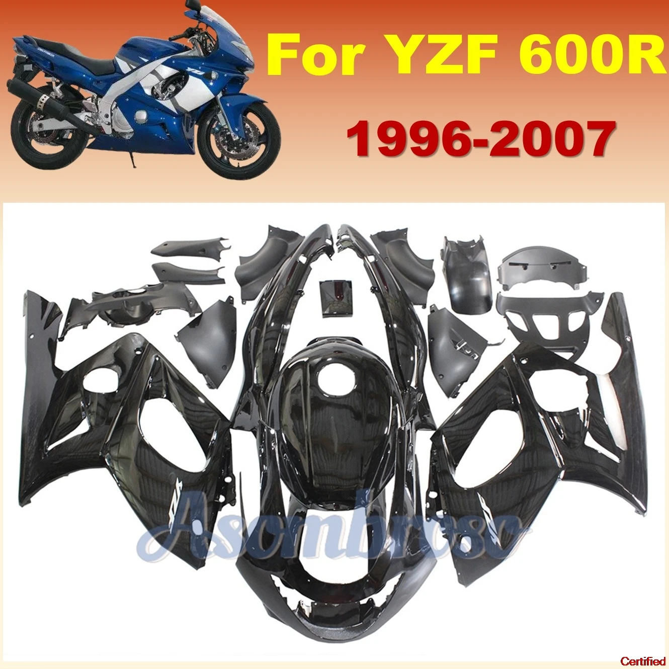 Motorcycle Fairings Fit for YAMAHA YZF600R 1997 -2007 All glossy black+Tank Cove