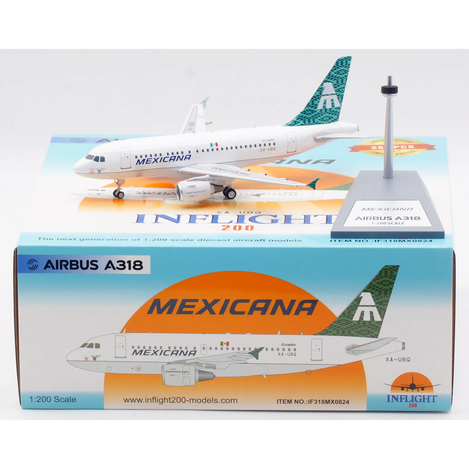 

IF318MX0824 Коллекционный самолет из сплава в подарок, INFLIGHT 1:200 Mexicana Airlines Airbus A318, литая под давлением модель самолета XA-UBQ
