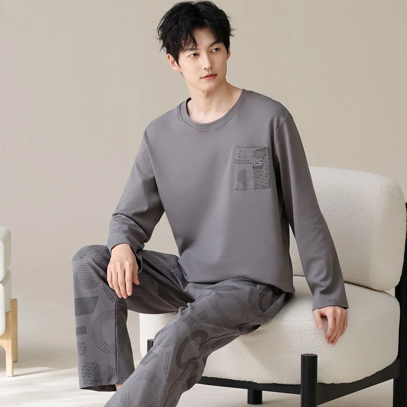 2026 Autumn Casual Plaid Long Sleeve 100% Cotton Pajama Sets for Men Korean Loose Sleepwear Pyjamas Male Homewear Home Clothes