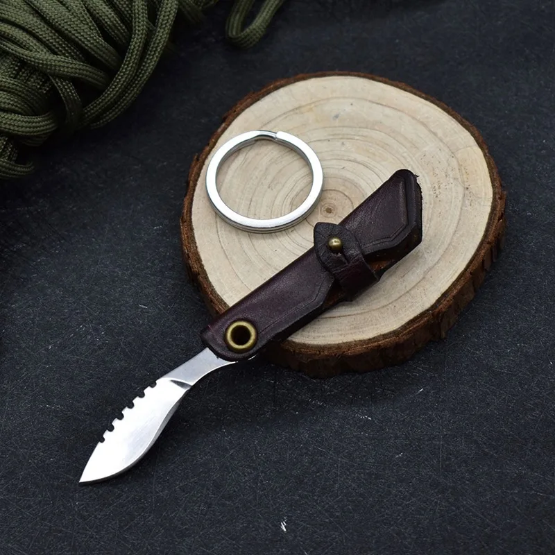 D2 Steel Sharp Mini Folding Blade Knife Leather Case Handle Small Razor Pocket Knife Self Defense Hand Tool with Opener