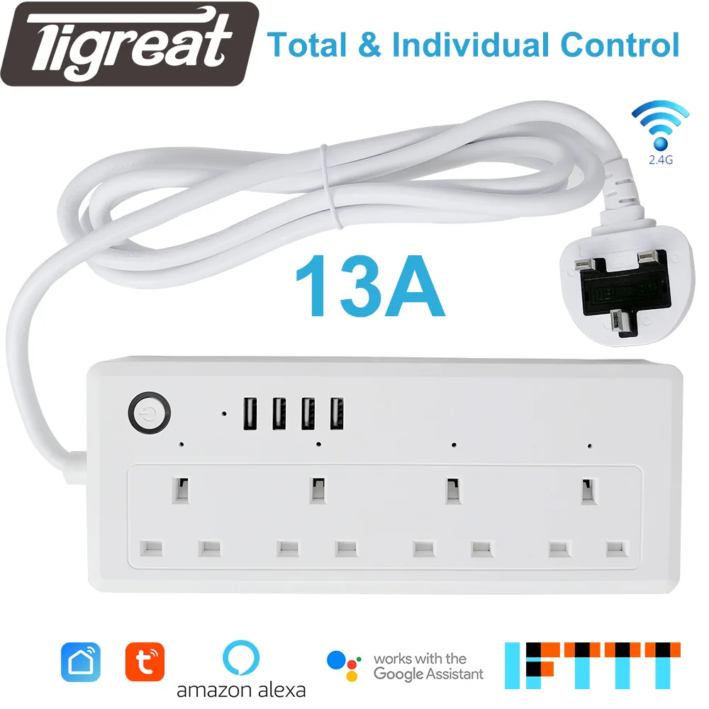 Tigreat Smart Power Strip Wifi UK16A 4 outlet Socket Plug Timer Remote Control Socket Tuya Alexa Google Home IFTTT Outlet