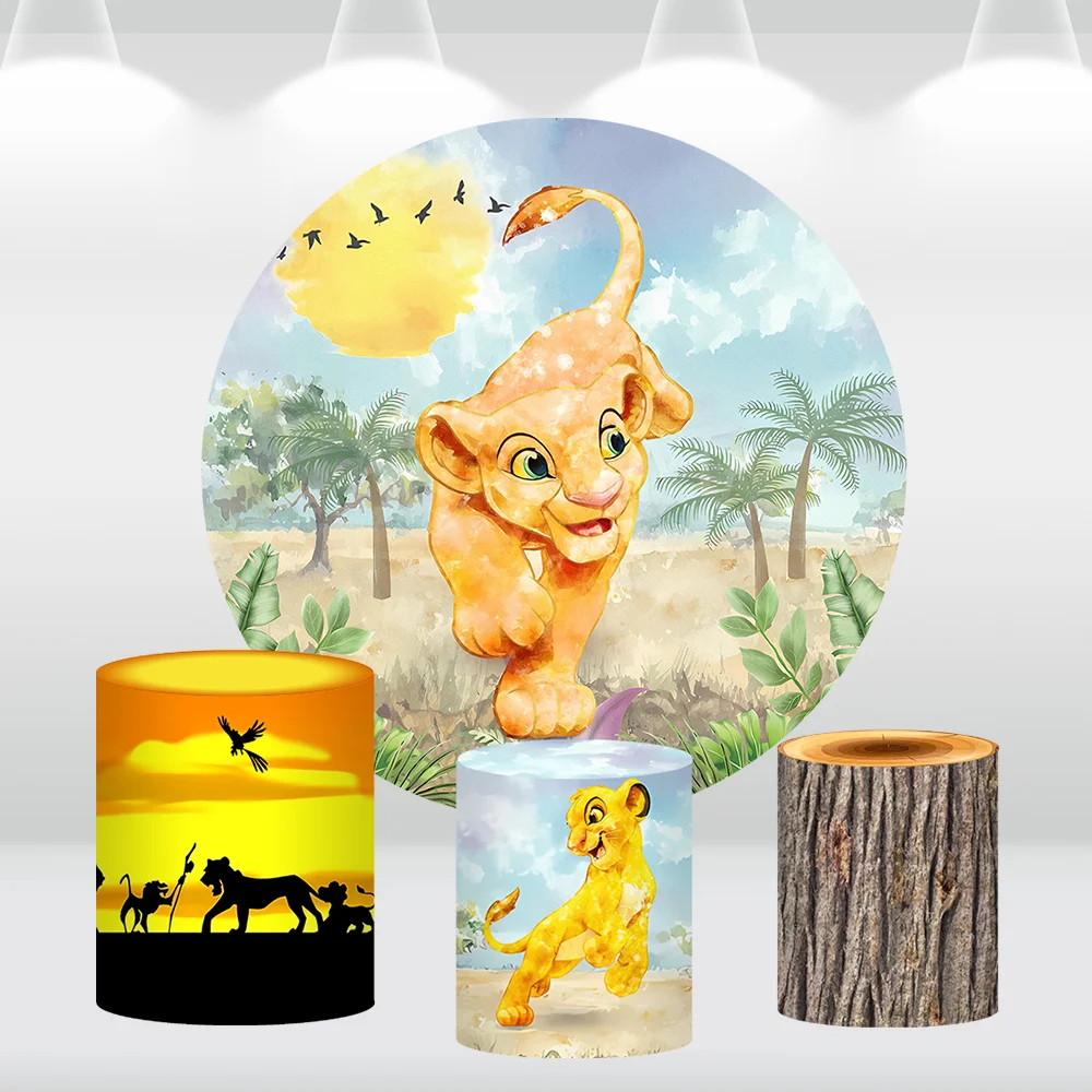 Watercolor Forest Lion King Round Backdrop Cover for Boy Birthday Decoration Party Supplies Banner Sunset Wood Cylinder Covers