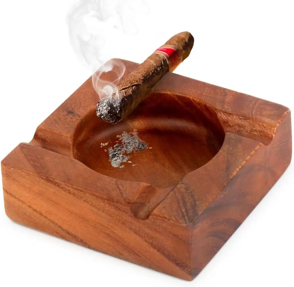 

Wooden Cigar Ashtray, 5.4" Square with 4 Slots, Indoor & Outdoor Use, Modern Table Accessory for Men's Home Decor