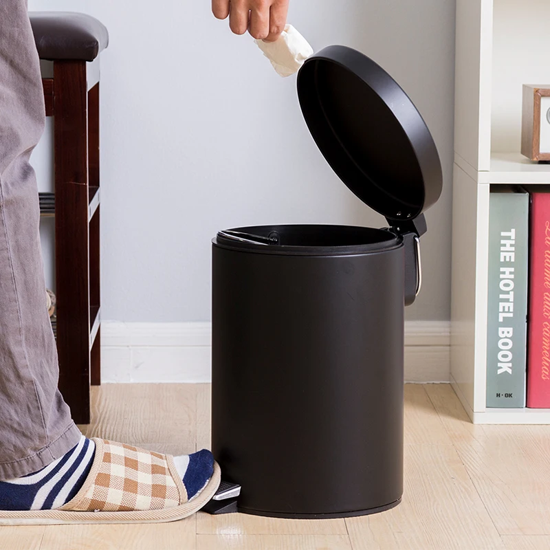 Black 7L Hotel Bathroom Dust Bin and Kitchen Household Metal Waterproof Garbage Foot Pedal Trash Can