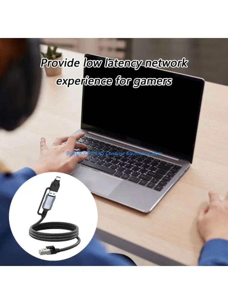 Fast Speed USB & USB C To Ethernet 1.8m Braided Cord Wire for Laptops Tablets