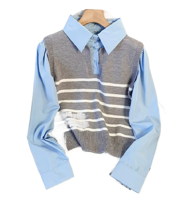 Kemeja Sweater Lengan Panjang Motif Patchwork Bergaris Gaya Korea Atasan Rajut Dua Potong Wanita Musim Gugur Musim Dingin Kasual Kerah Lipat