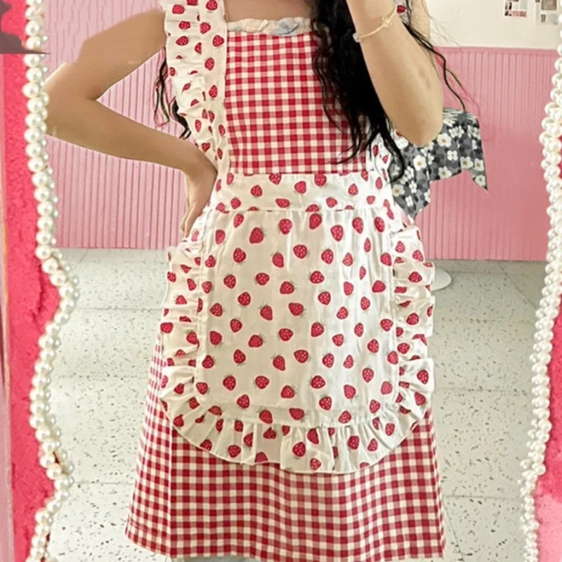 Womens Girls Cute Strawberry Print Apron with Ruffled Princess Style Maid Cosplay Decoration